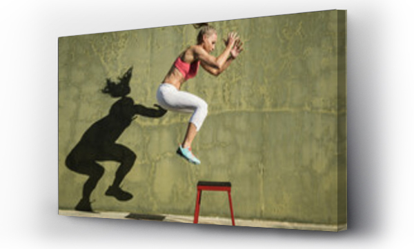 Wizualizacja Obrazu : #491334978 Athlete woman jumping over stool