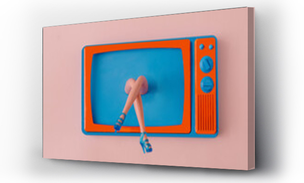 Wizualizacja Obrazu : #493546594 Womens legs with blue high heels shoes coming out of a retro old blue and orange tv against peach background. Creative concept for vintage fashion. Design for entertainment and technology banner.