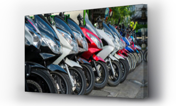 Wizualizacja Obrazu : #495864457 Motorcycles parked in a row on sidewalk.