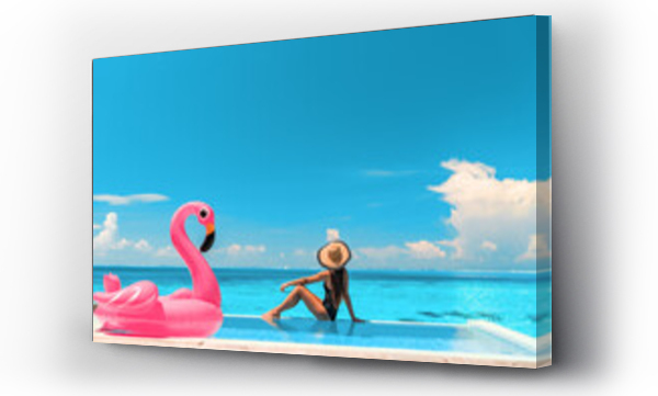 Wizualizacja Obrazu : #496934610 Travel Beach pool summer vacation luxury resort woman relaxing in bikini by inflatable pink flamingo toy pool float on ocean turquoise background. Holiday travel destination