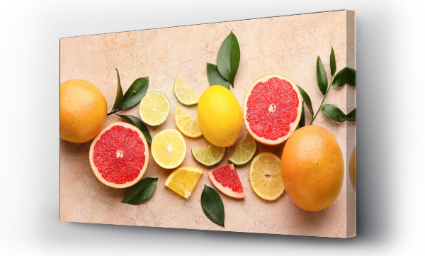 Wizualizacja Obrazu : #500819346 Different citrus fruits on color background. Banner for design