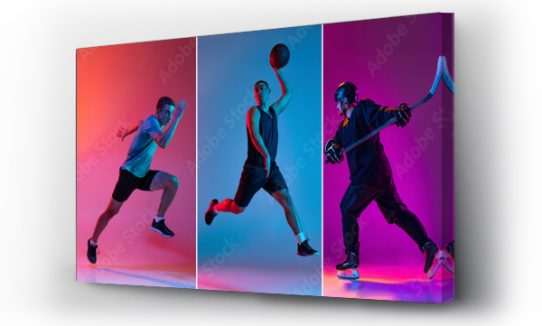 Wizualizacja Obrazu : #502551050 Set of portraits of professional sportsmen in sports uniform isolated on multicolored background in neon light. Flyer. Advertising, sport life concept
