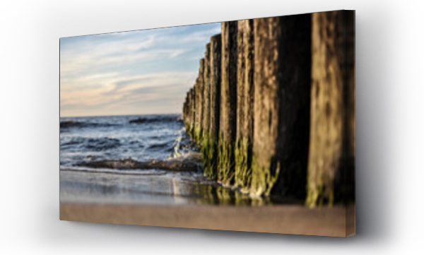 Wizualizacja Obrazu : #502587014 Sunset on the beach with breakwaters.