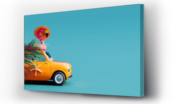 Wizualizacja Obrazu : #503464146 Orange retro car with pink flamingo on the roof ready for summer travel 3D Rendering, 3D Illustration