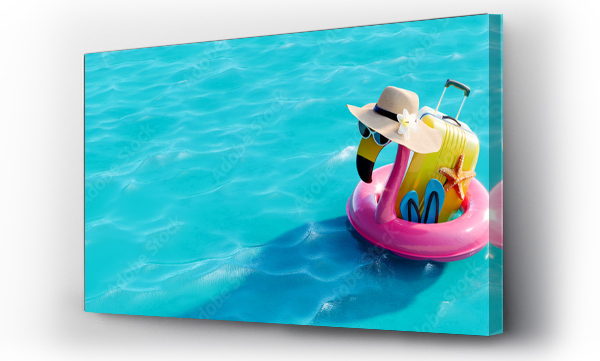 Wizualizacja Obrazu : #504269845 Pink flamingo inflatable belt with travel suitcase in turquoise blue water 3D Rendering, 3D Illustration