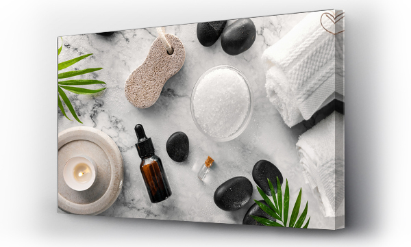 Wizualizacja Obrazu : #507356328 spa treatment items - hot massage stones with salt and oils on marble table. top view banner