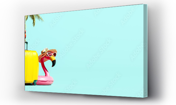 Wizualizacja Obrazu : #512111707 Yellow luggage with pink flamingo and palm tree on turquoise blue background. Summer travel concept. 3D Rendering, 3D Illustration