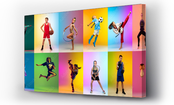 Wizualizacja Obrazu : #513761345 Group of professional sportsmen and kids with sport equipment isolated on multicolored background in neon light. Flyer. Advertising, sport life concept