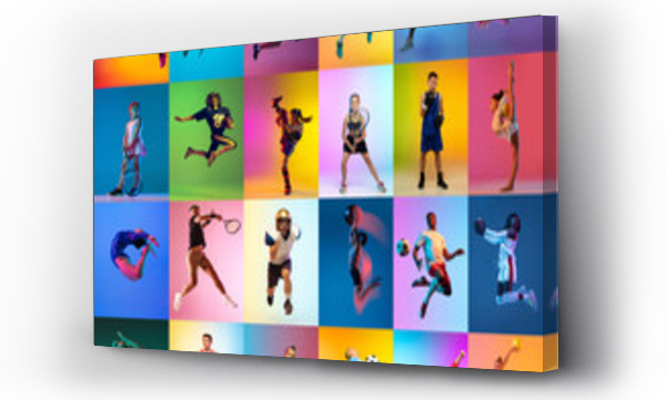 Wizualizacja Obrazu : #513761531 Set of images of different professional sportsmen and kids in action, motion isolated on multicolor background in neon. Collage