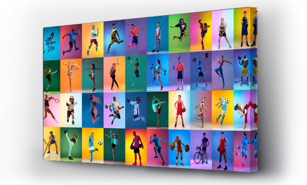 Wizualizacja Obrazu : #513761687 Group of professional sportsmen and kids with sport equipment isolated on multicolored background in neon light. Flyer. Advertising, sport life concept