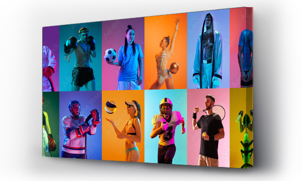 Wizualizacja Obrazu : #513762012 Group of professional sportsmen and kids with sport equipment isolated on multicolored background in neon light. Flyer. Advertising, sport life concept