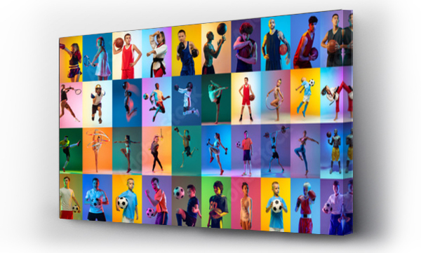Wizualizacja Obrazu : #513792722 Sport collage of professional athletes on gradient multicolored neoned background. Concept of motion, action, active lifestyle, achievements, challenges