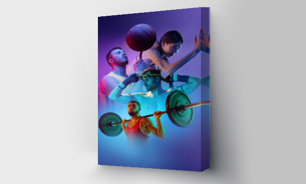 Wizualizacja Obrazu : #513945258 Composite image with professional sportsmen, runner and basketball players, weightlifter over purple smoky background. Sport, team, competition, ad concept