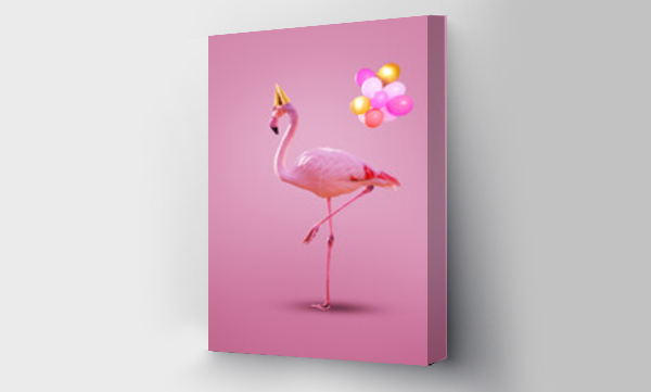 Wizualizacja Obrazu : #514394284 Pink flamingo in birthday cap with party helium balloons