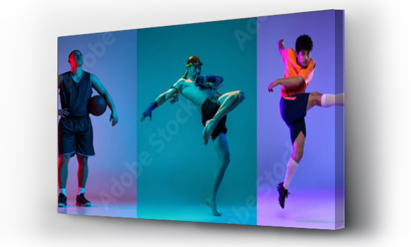 Wizualizacja Obrazu : #517648899 Sport collage of professional athletes posing isolated on gradient multicolored background in neon. Concept of motion, action, active lifestyle, achievements, challenges