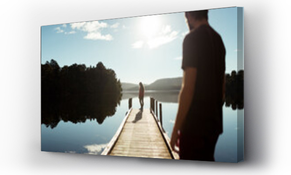 Wizualizacja Obrazu : #518475875 Standing man and woman on mirror lake dock