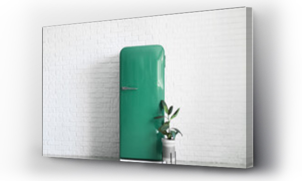 Wizualizacja Obrazu : #519498766 Stylish green retro fridge and houseplant near white brick wall