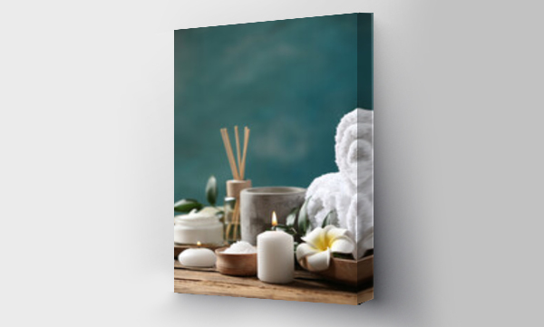 Wizualizacja Obrazu : #522714782 Beautiful spa composition with plumeria flower on wooden table. Space for text