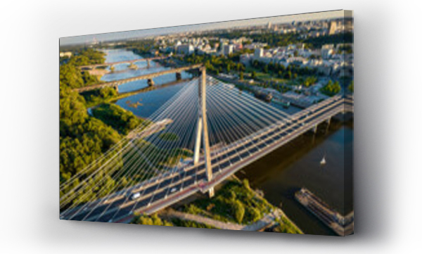 Wizualizacja Obrazu : #522869860 Pi?kny panoramiczny widok z drona na centrum nowoczesnej Warszawy z sylwetkami drapaczy chmur w promieniach zachodz?cego s?o?ca. Widok z okolicy mostu ?wi?tokrzyskiego