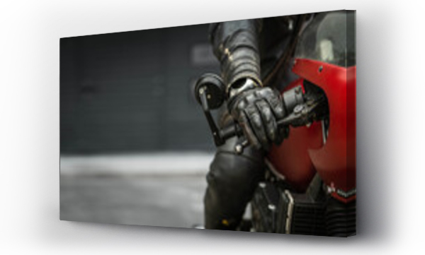 Wizualizacja Obrazu : #523857361 Hand in glove on motorcycle handlebar, free space for insertion
