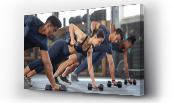 Wizualizacja Obrazu : #524378111 Sports people fitness training with weights at gym, workout exercise and being active at health center. Team of men and woman lifting, friends doing teamwork planks and exercising at sports club