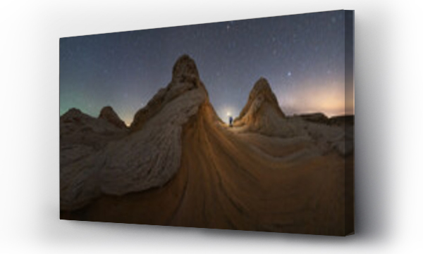 Wizualizacja Obrazu : #525256866 Traveler with flashlight on rock formation at night