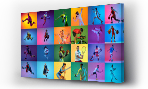 Wizualizacja Obrazu : #526764838 Sport collage of professional athletes on gradient multicolored neoned background. Concept of motion, action, active lifestyle, achievements