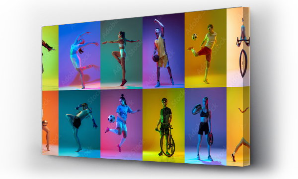 Wizualizacja Obrazu : #526765173 Poster, banner with professional sportsmen in sports uniform over multicolored background in neon filter. Concept of sport games, competition, achievements