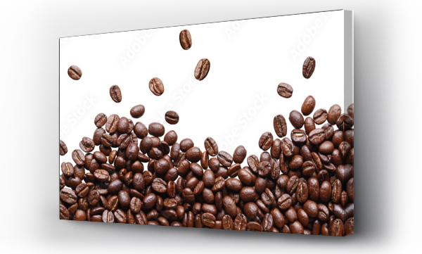 Wizualizacja Obrazu : #535163089 Roasted coffee beans in a placer, a lot of beans lies and levitates, isolated, on a white background