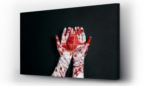 Wizualizacja Obrazu : #536705147 Creepy human brain in hands in bloody gloves on a black background.