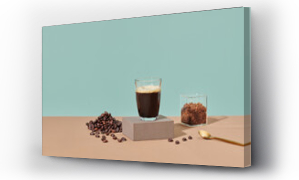 Wizualizacja Obrazu : #546778972 Double wall glass cup with coffee on brown table