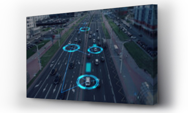 Wizualizacja Obrazu : #548085671 Visualization of the interaction of self-driving autonomous vehicles. Robotic cars are controlled by AI, driving along a busy city avenue, scanning the road with sensors, exchanging information.
