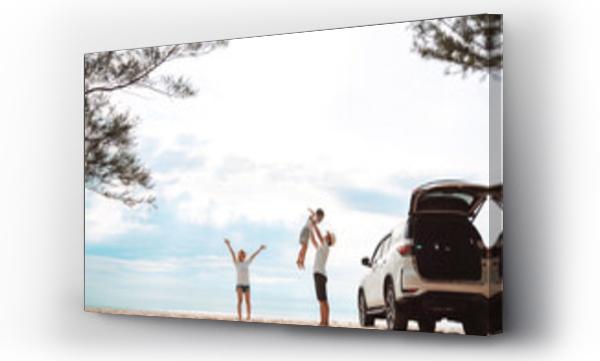 Wizualizacja Obrazu : #548534620 Happy Family with car travel road trip. summer vacation in car in the sunset, Dad, mom and daughter happy traveling enjoy together driving in holidays, people lifestyle ride by automobile.