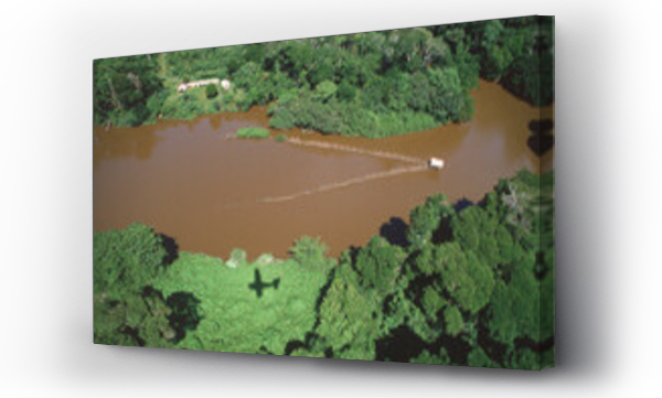 Wizualizacja Obrazu : #550107659 Aerial of a boat traversing a muddy river, Zaire.