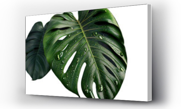 Wizualizacja Obrazu : #550448023 Closeup tropical climate leaf plant Monstera with dew droplets on it. Generative AI