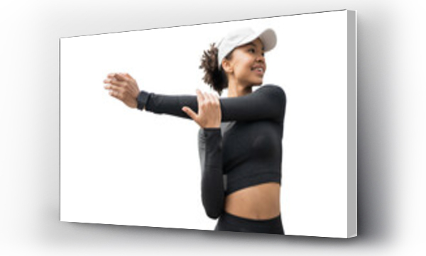 Wizualizacja Obrazu : #553826078 Female athlete in a sports suit transparent background. Does exercises