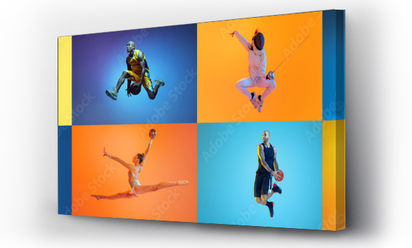 Wizualizacja Obrazu : #565050649 Collage. Dynamic shots of different people in a jump, training isolated over multicolored background in neon. Concept of sport, challenges, achievements. Basketball, tennis, mma, boxing, fencing