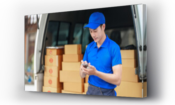 Wizualizacja Obrazu : #567933039 Delivery man asia people checking portable delivery device with parcel box to customer home address. typing message, using mobile smartphone