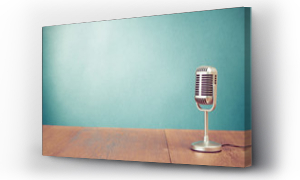 Wizualizacja Obrazu : #56863823 Retro style microphone on table in front aquamarine wall