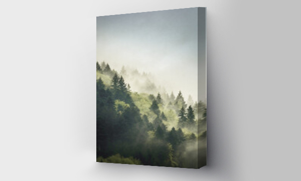 Wizualizacja Obrazu : #572434712 Dark old pine green and fresh new spring green in a foggy forest view