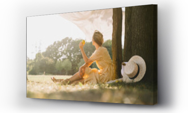 Wizualizacja Obrazu : #583002328 Woman sitting with fruit by tree trunk at park