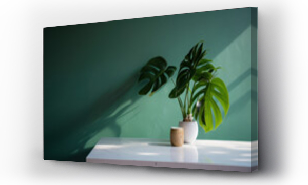 Wizualizacja Obrazu : #584590658 A minimalistic, modern white marble stone counter table featuring a tropical monstera plant tree bathed in sunlight, set against a green wall background, creating a luxurious setting for skin care pro