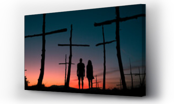 Wizualizacja Obrazu : #585009909 Couple silhouette at surreal wood crosses field