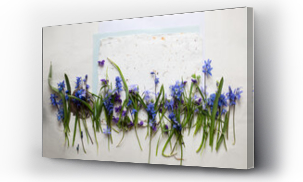 Wizualizacja Obrazu : #592255344 T?o z wiosennymi kwiatami w odcieniach b??kitu i fioletu. Kwiaty na papierze czerpanym.