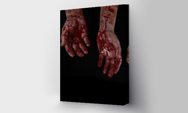 Wizualizacja Obrazu : #595494876 Raised bloody creepy hands on a black background, the concept of murder, nightmares, Halloween. Vertical Orientation