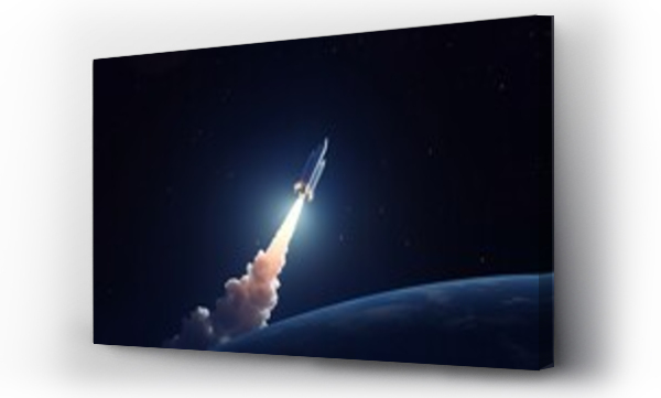 Wizualizacja Obrazu : #602409642 Spaceship takes off into the night sky on a mission. Rocket starts into space Generative AI