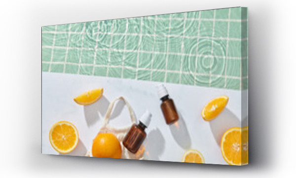 Wizualizacja Obrazu : #603126542 citrus fruit in skincare product and cut orange near swimming pool