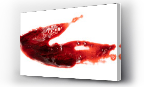 Wizualizacja Obrazu : #605744927 Dripping blood isolated on white background. Flowing bloody stains, splashes and drops. Trail and drips red blood close up.