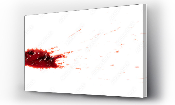 Wizualizacja Obrazu : #605744933 Dripping blood isolated on white background. Flowing bloody stains, splashes and drops. Trail and drips red blood close up.