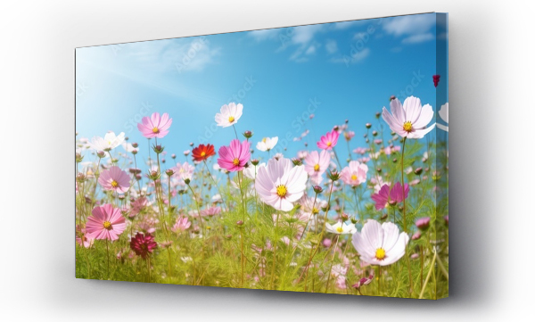 Wizualizacja Obrazu : #605930998 Multicolored cosmos flowers in meadow in spring summer nature against blue sky. Selective soft focus.